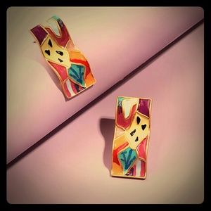 Abstract hand painting enamel earring silver